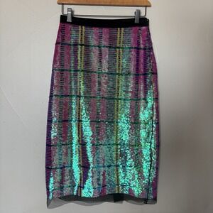 Eva Franco Sequined Plaid Midi Pencil Skirt Black Velvet Trim Size 0 NWT